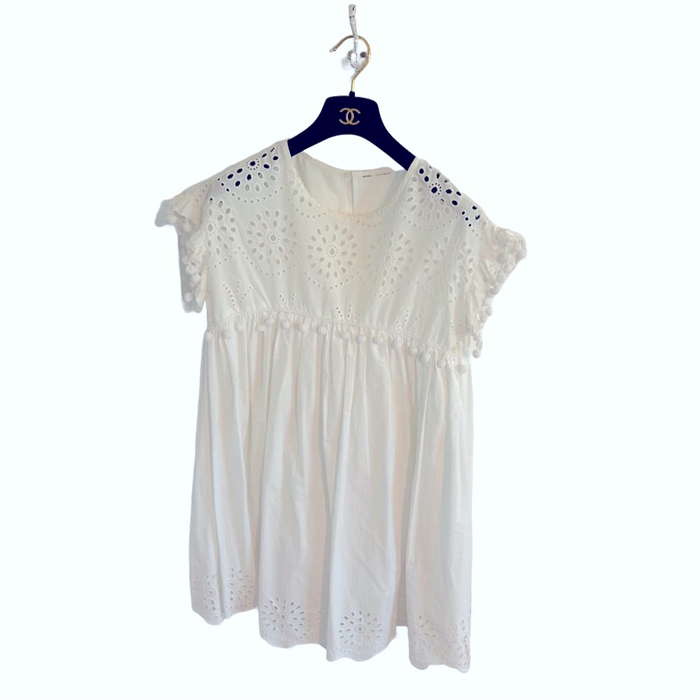White Eyelet Dress w Pompoms Size Medium Zara